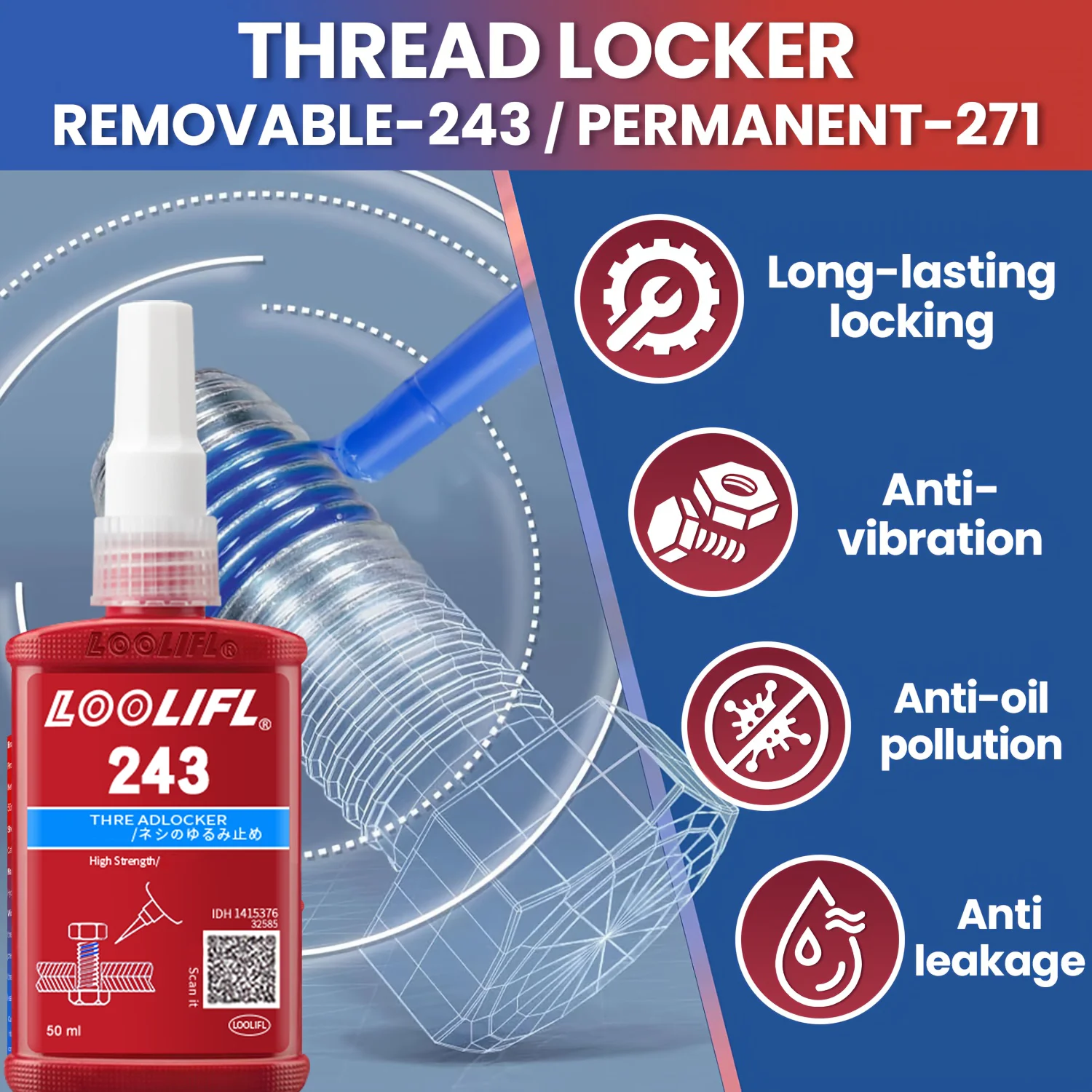 243 271 50ml Threadlocker Anaerobic Glues Anti Loose Screw Glues Fastening Quickly Cured Thread Locking Agent Sealant for Screws 4