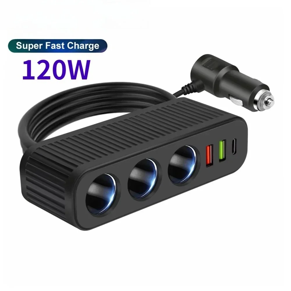 120W USB Car Charger 4-in-1 Multifunctional Socket Cigarette Lighter Quick Charge Power Adapter for iPhone Mobile Phone Charger 1