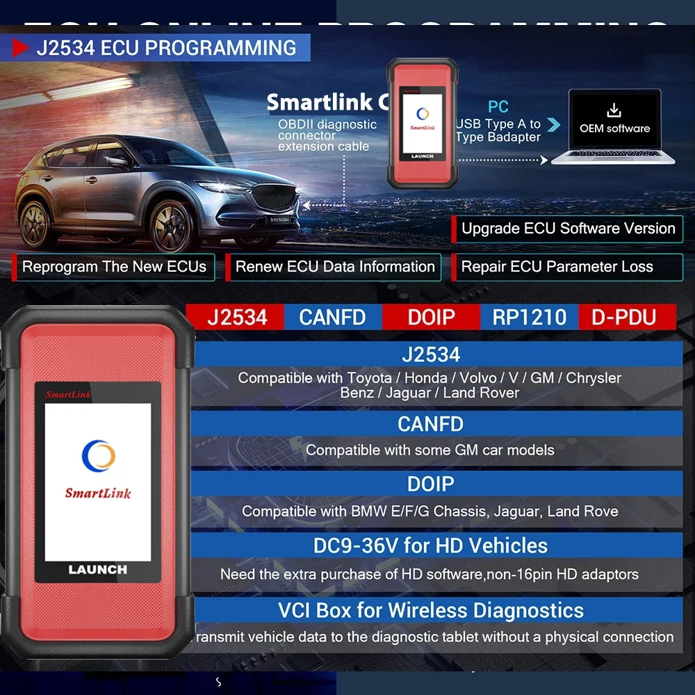 LAUNCH X431 PAD 5 ELITE SmartLink C Car Diagnostic Tools J2534 CAN FD Online ECU Programming Coding Auto OBD OBD2 Scanner PAD V 3