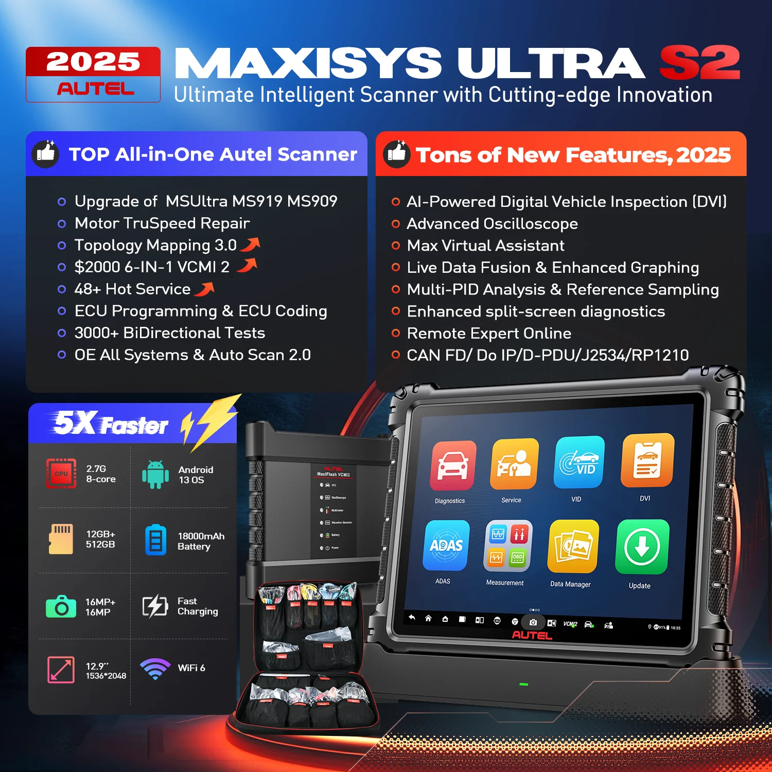 Autel MaxiSys Ultra S2 Scanner Top Intelligen Scan Diagnostic with AI 6-in-1 VCMI2 Up of MSUltra/ MS919 Topology 3.0 2