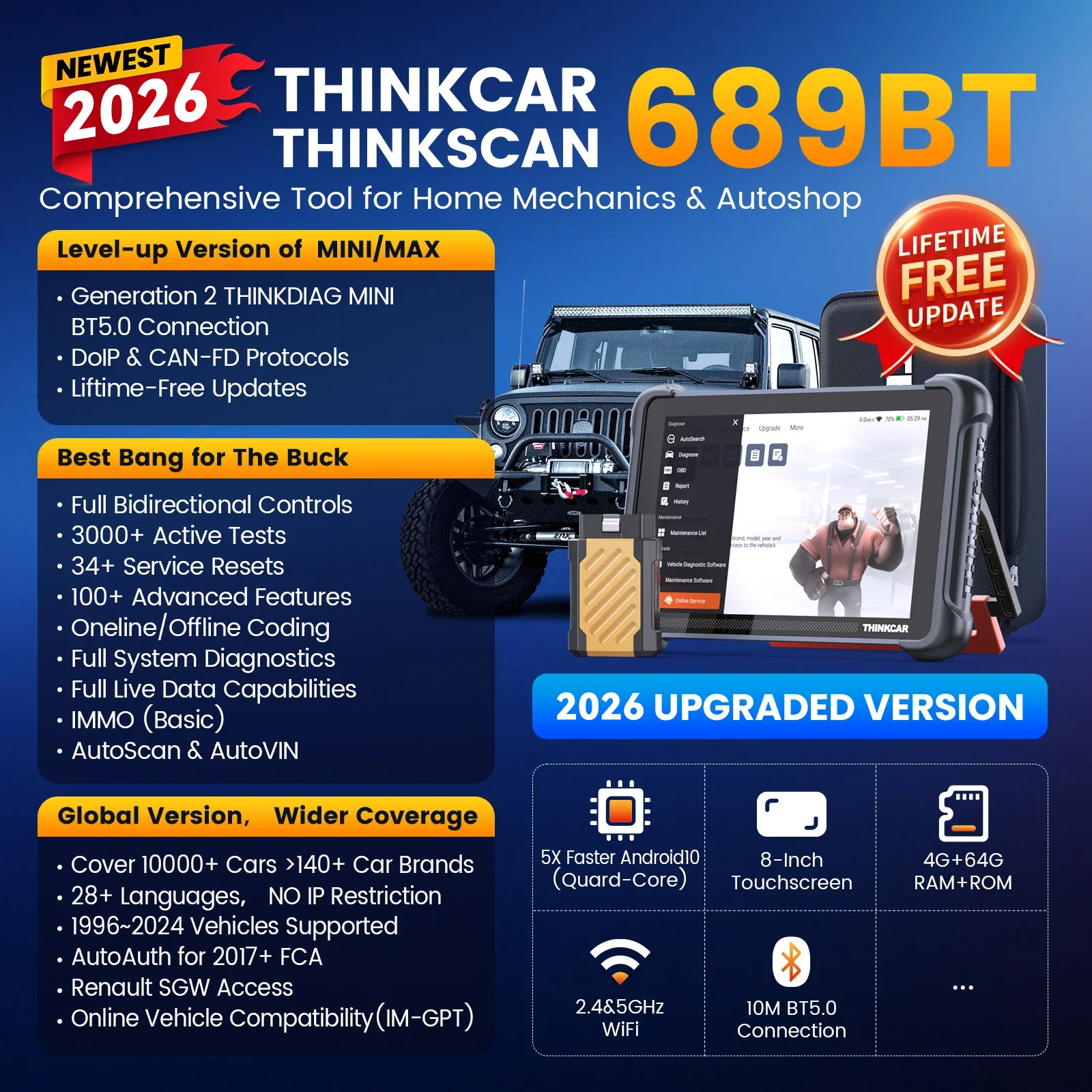 THINKCAR THINKSCAN 689BT Key Programming Automotive Diagnostic Tool Bi directional Obd2 Scanner ECU Coding CANFD DOIP 34 Resets 2