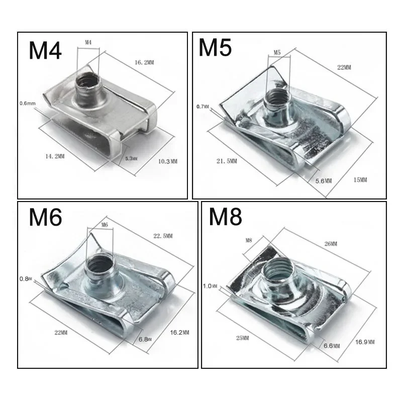 10pcs Stainless Steel U Type Clips Plate Leaf Spring Nut M6 M5 M4 M8 8mm 5mm 6mm 4mm Reed Nuts for Car Motorcycle Scooter ATV 6