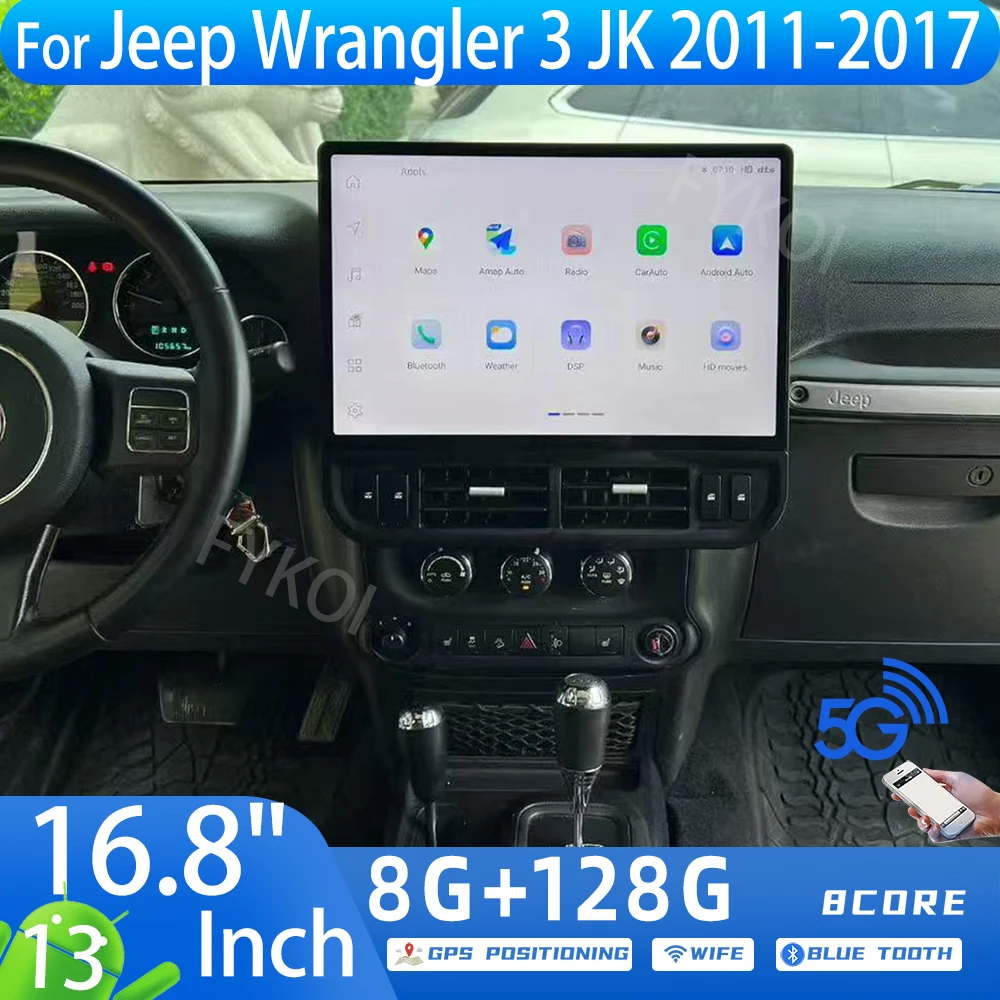 2K Giant Screen 16.8" Wireless Carplay Android 13 For Jeep Wrangler 3 JK 2011-2017 Multimedia Player GPS Navigation BT 4G DSP FM 1