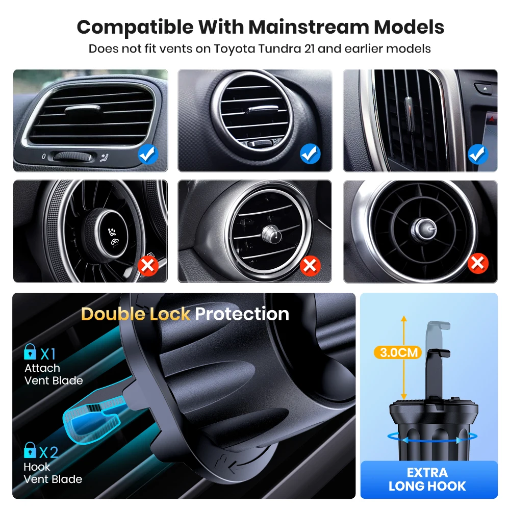 Car Phone Holder Mount,TOPK Upgrade Auto Locking Universal Phone Stand Holder with Hook Clip for Car Air Vent for iPhone Samsun 3