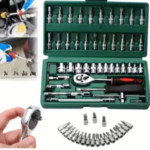 46pc Drive Socket Set 1/4 inch Ratchet Wrench Set Mechanic Tool Kits for Auto Repair Hous with Sockets Metric Hex Bit Socket Set 1