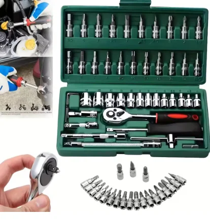 46pc Drive Socket Set 1/4 inch Ratchet Wrench Set Mechanic Tool Kits for Auto Repair Hous with Sockets Metric Hex Bit Socket Set 1