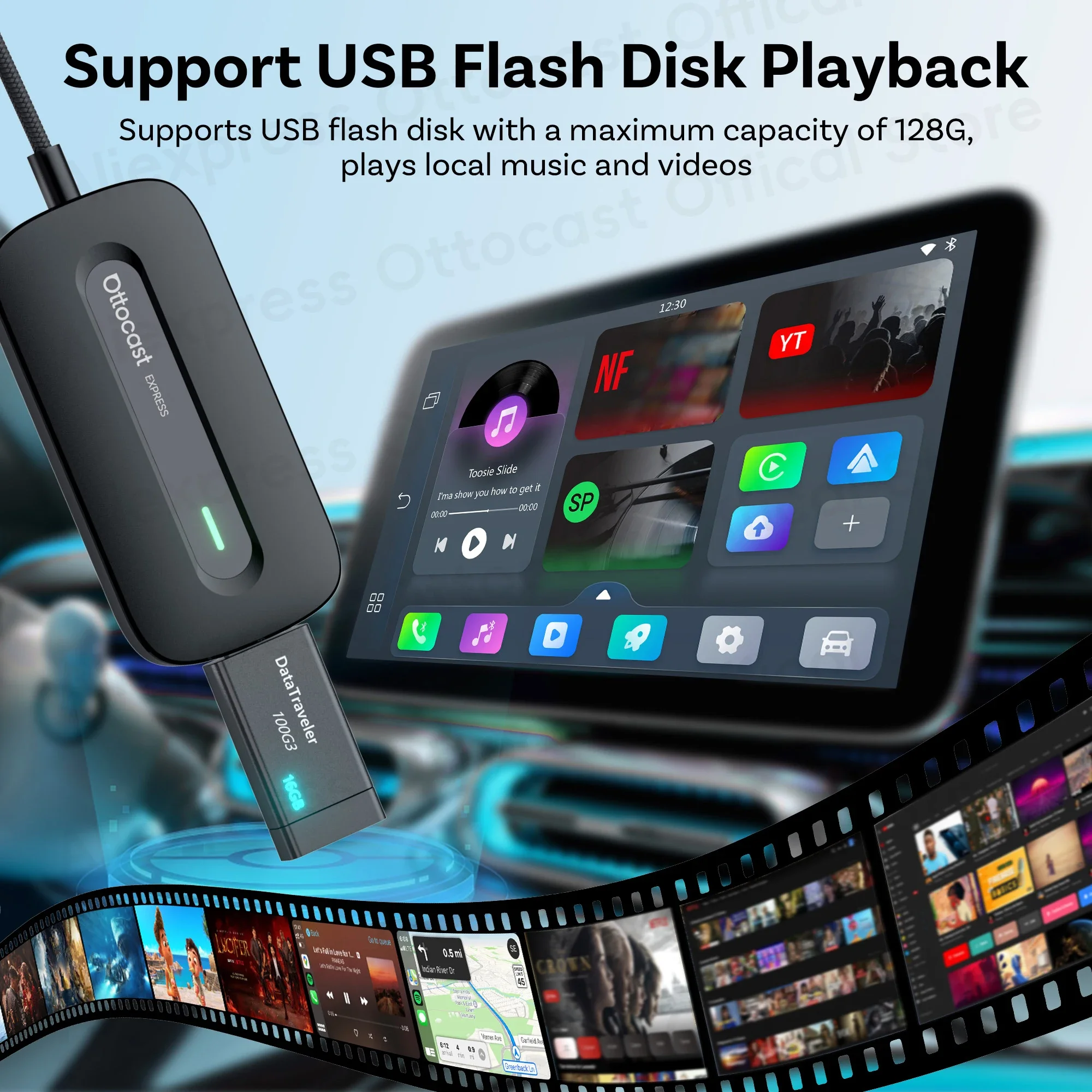 OTTOCAST Play2Video Express Wireless CarPlay Android Auto Adapter for Youtube Netflix for Volvo Chevrolet VW CarAccessorie 4