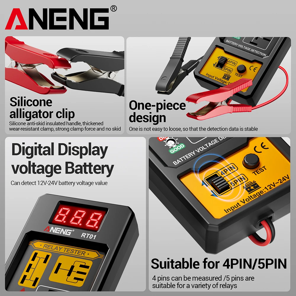 ANENG 11-25V Relay Detector RT01 Digital Universal 4/5 Pins Car Battery Vehicle Detection Digital Display Voltage Battery Tester 4
