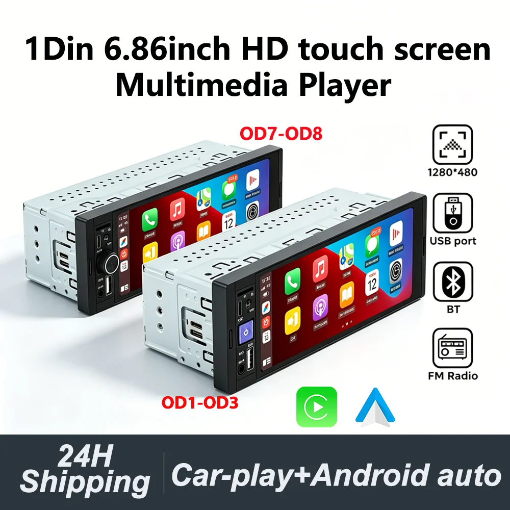 1Din Wireless CarPlay Android AUTO HD touch screen Universal 6.86'' Car Radio FM Stereo MP5 multimedia player BT TF port Camera 1