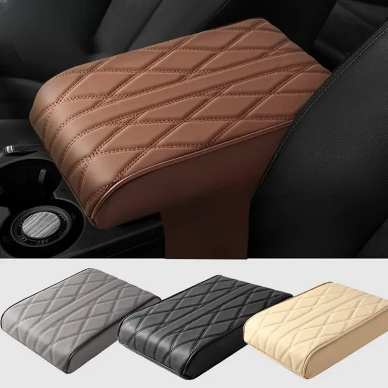 Car Armrest Mat Center Console Arm Rest Protection Cushion Wave Embroider PU Leather Auto Armrests Storage Box Cover Pad 1