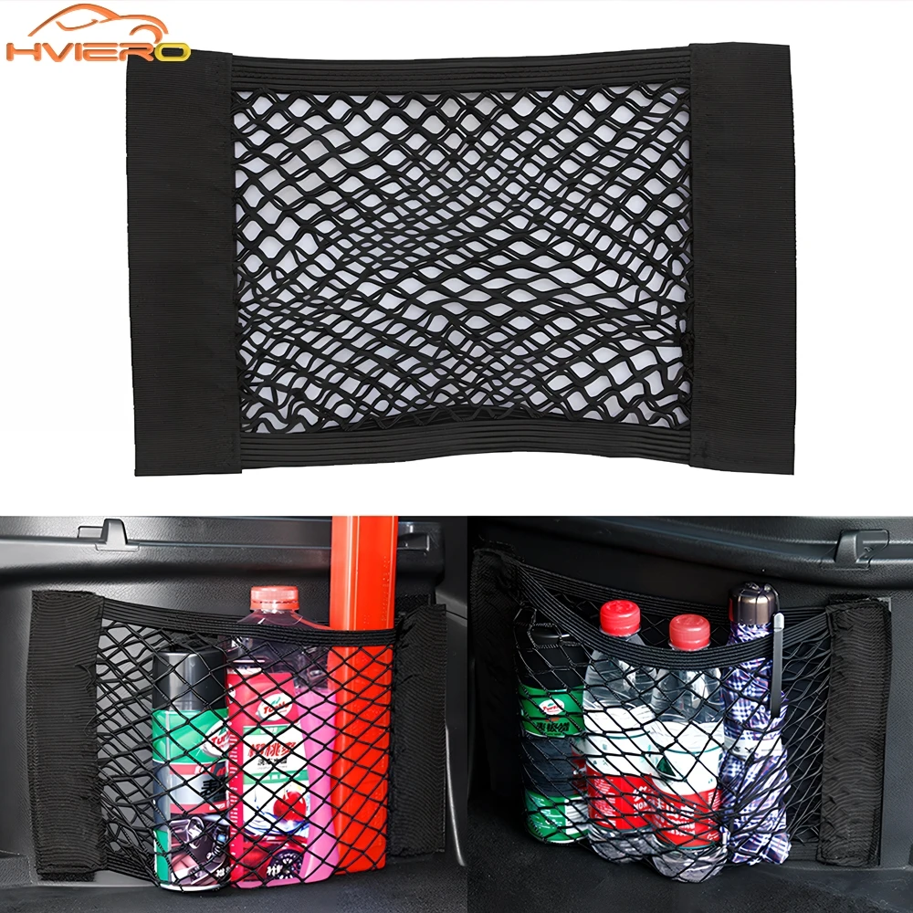 1X Car Back Rear Trunk Organizer Net Mesh Seat Elastic String Magic Sticker Universal Storage Bag Pocket Auto Put Paper Stowing 1