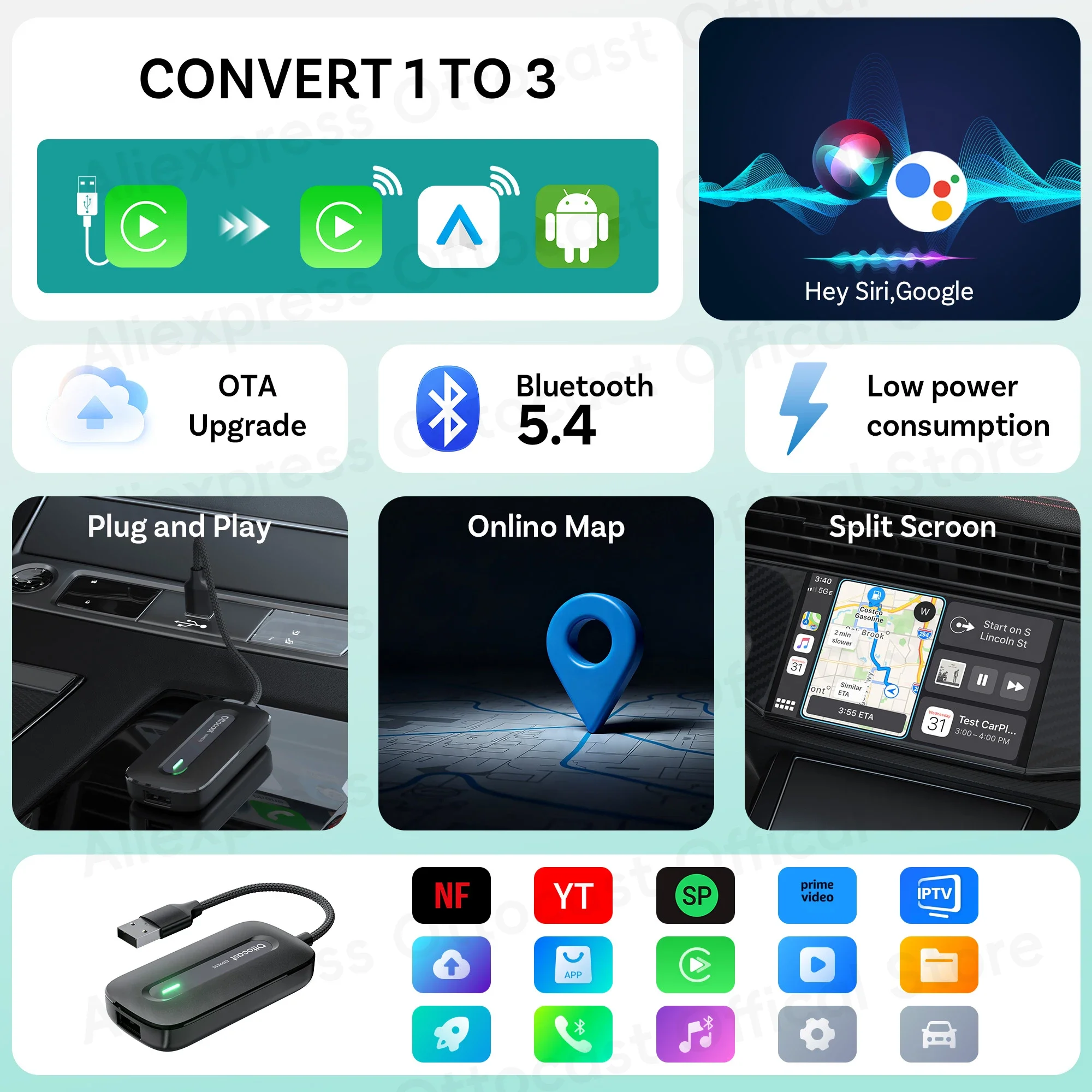 OTTOCAST Play2Video Express Wireless CarPlay Android Auto Adapter for Youtube Netflix for Volvo Chevrolet VW CarAccessorie 2