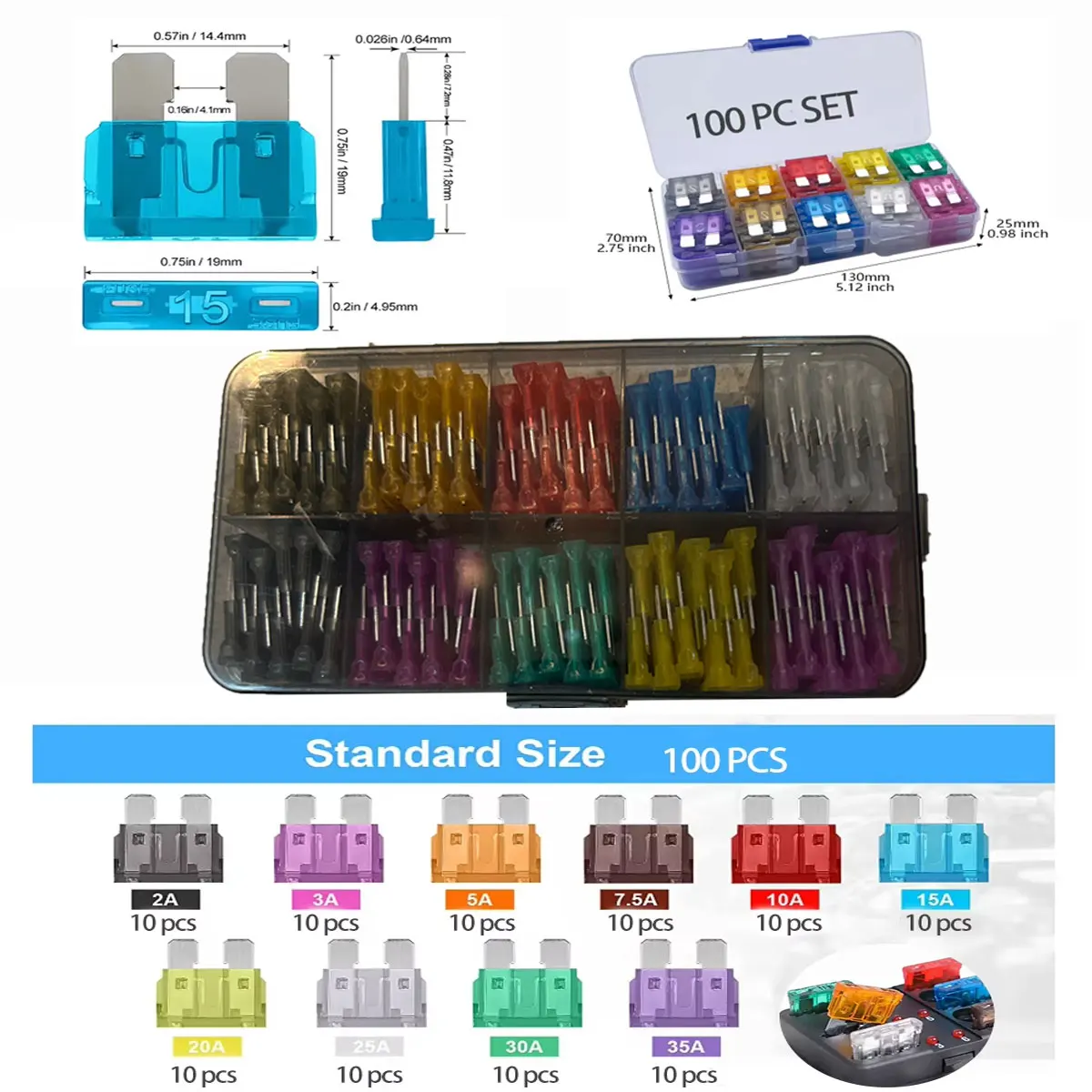 100pcs Standard Car Fuses 2A 3A 5A 7.5A 10A 15A 20A 25A 30A 35A Free Matching Choice Car Fuses Blade Fuses for RV/Truck/SUV 6