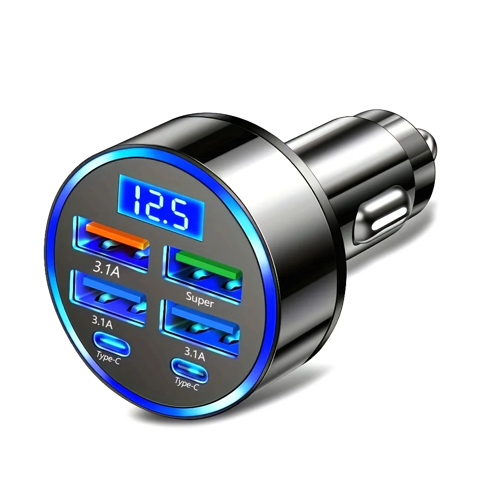 6-in-1 Fast Charging Car Adapter 3.1A Dual Type-C Digital Display Smartphones Tablets Power Banks Black Portable Charger 1
