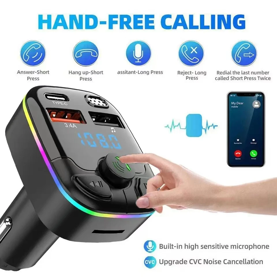 Car Charger Bluetooth 5.0 FM Transmitter Handsfree PD Type-C Dual USB Ambient Player MP3 Charger Type-C Wireless Light 1