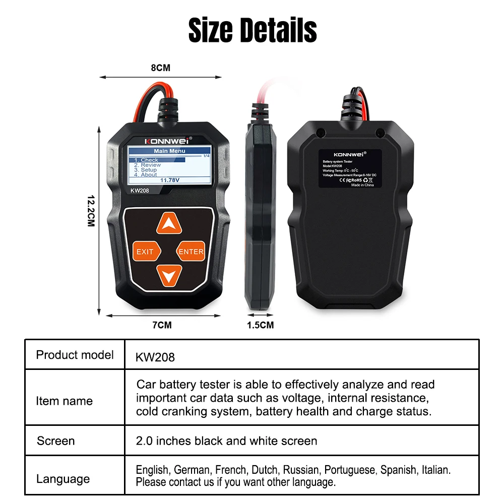 2026 KONNWEI KW208 Car Battery Tester 12V 100 to 2000CCA Cranking Charging Circut Tester Analyzer Waveform Voltage Test Tools 6