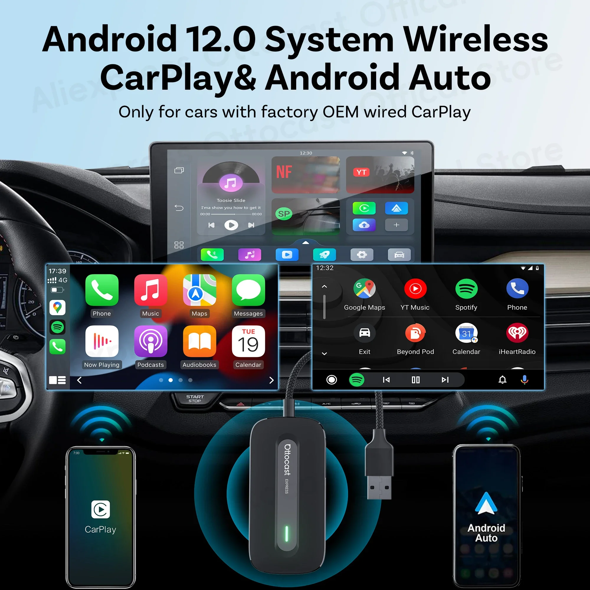 OTTOCAST Play2Video Express Wireless CarPlay Android Auto Adapter for Youtube Netflix for Volvo Chevrolet VW CarAccessorie 3