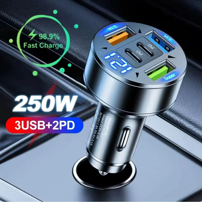 250W 5 Ports Car Charger Fast Charging PD QC3.0 USB C Car Phone Charger Adapter With Voltage For iPhone Samsung Huawei Xiaomi 1