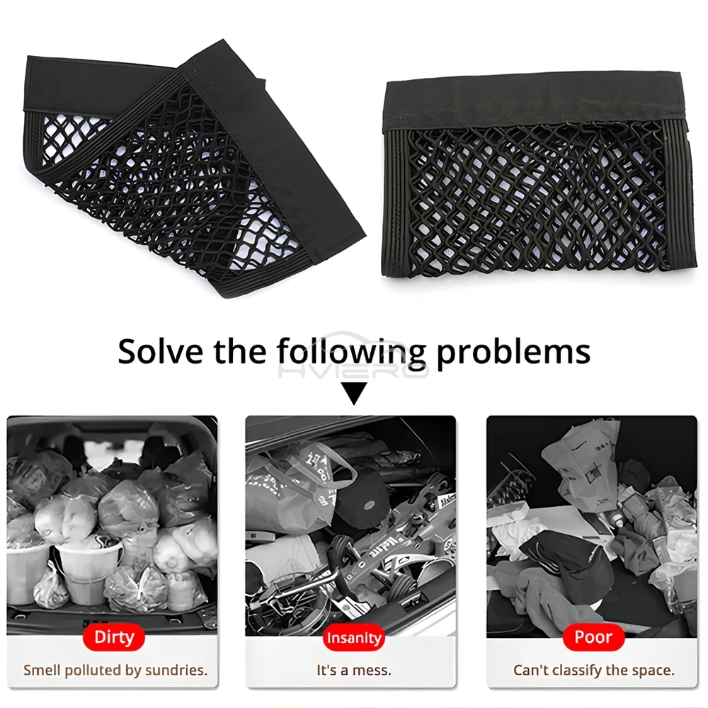 1X Car Back Rear Trunk Organizer Net Mesh Seat Elastic String Magic Sticker Universal Storage Bag Pocket Auto Put Paper Stowing 3