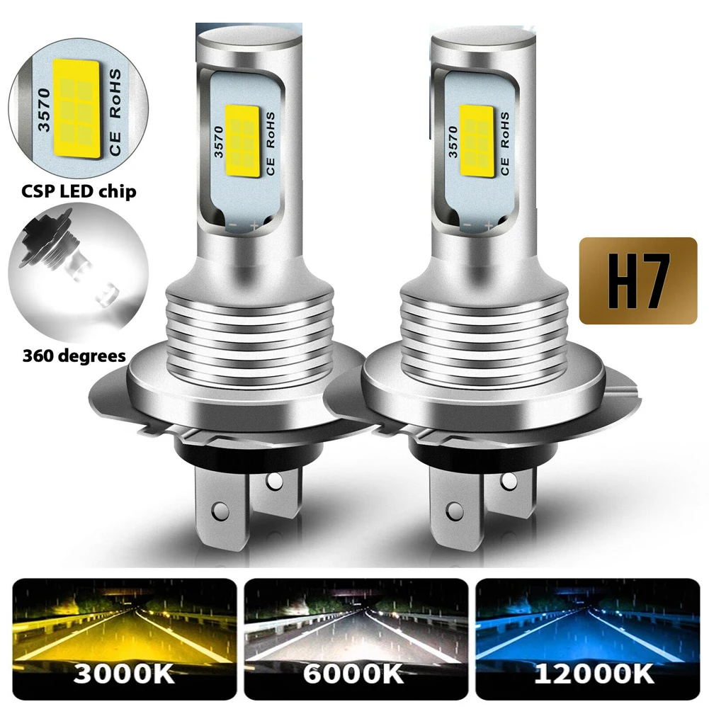 2Pcs H7 H1 H8 H9 H11 9005 9006 LED Bulbs HB3 HB4 CSP LED Super Bright Headlight DRL Lamp 6000K White 3000K Yellow 12000K Blue 1