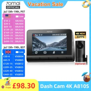 70mai Dash Cam 4K A810S HDR IMX678 Supercapacitor 4G LTE Remote Control Wi-Fi 6 Voice Control GPS ADAS Car Camera 70mai A810S 1