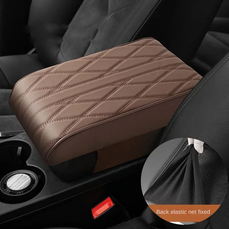 Car Armrest Mat Center Console Arm Rest Protection Cushion Wave Embroider PU Leather Auto Armrests Storage Box Cover Pad 2
